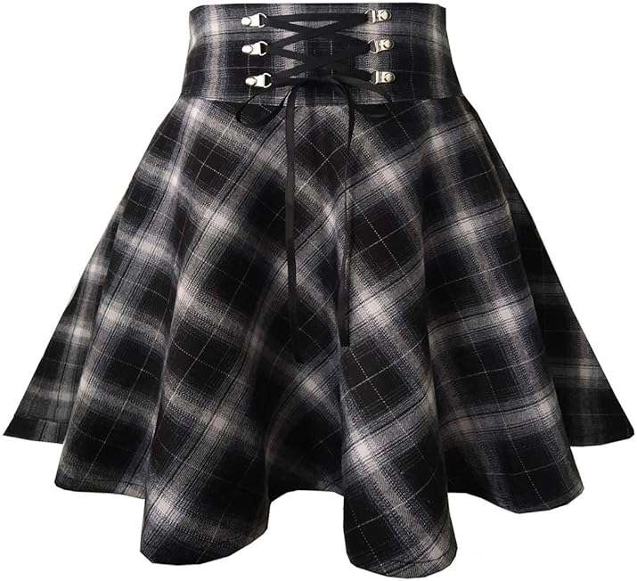 TONCHENGSD Women's Gothic Plaid Skirt High Waisted A-line Flare Mini Skirt - Image 1