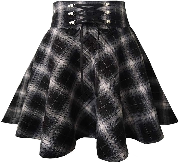 TONCHENGSD Women's Gothic Plaid Skirt High Waisted A-line Flare Mini Skirt - Product Image