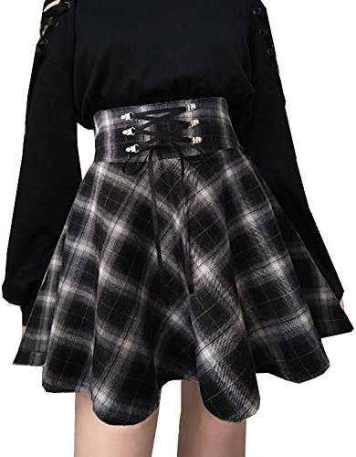 TONCHENGSD Women's Gothic Plaid Skirt High Waisted A-line Flare Mini Skirt - Image 2