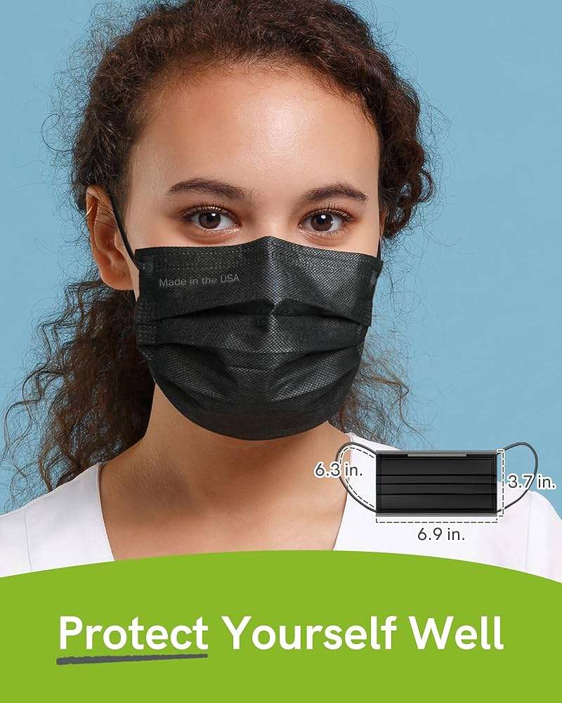 FriCARE Made in USA Disposable Face Masks, 4-Ply ASTM Level 3 Medical Grade, Breathable & Comfortable for Adult Daily Work/Sun Protection, 50 Pack Black - Image 5