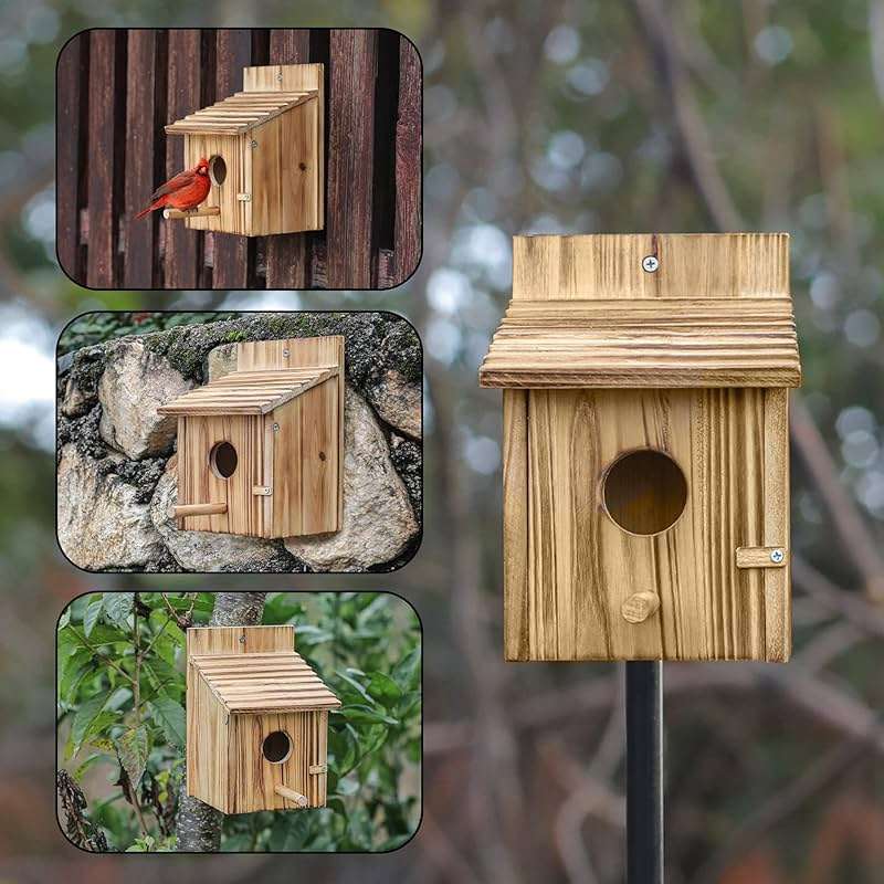 NATUREYLWL Wooden Bird House for Outside, Hanging Natural Wood Birdhouse with Perch, 1.57" Entrance & Side Clean-Out Door for Bluebirds, Wrens and Finches, Garden Decor - Image 4