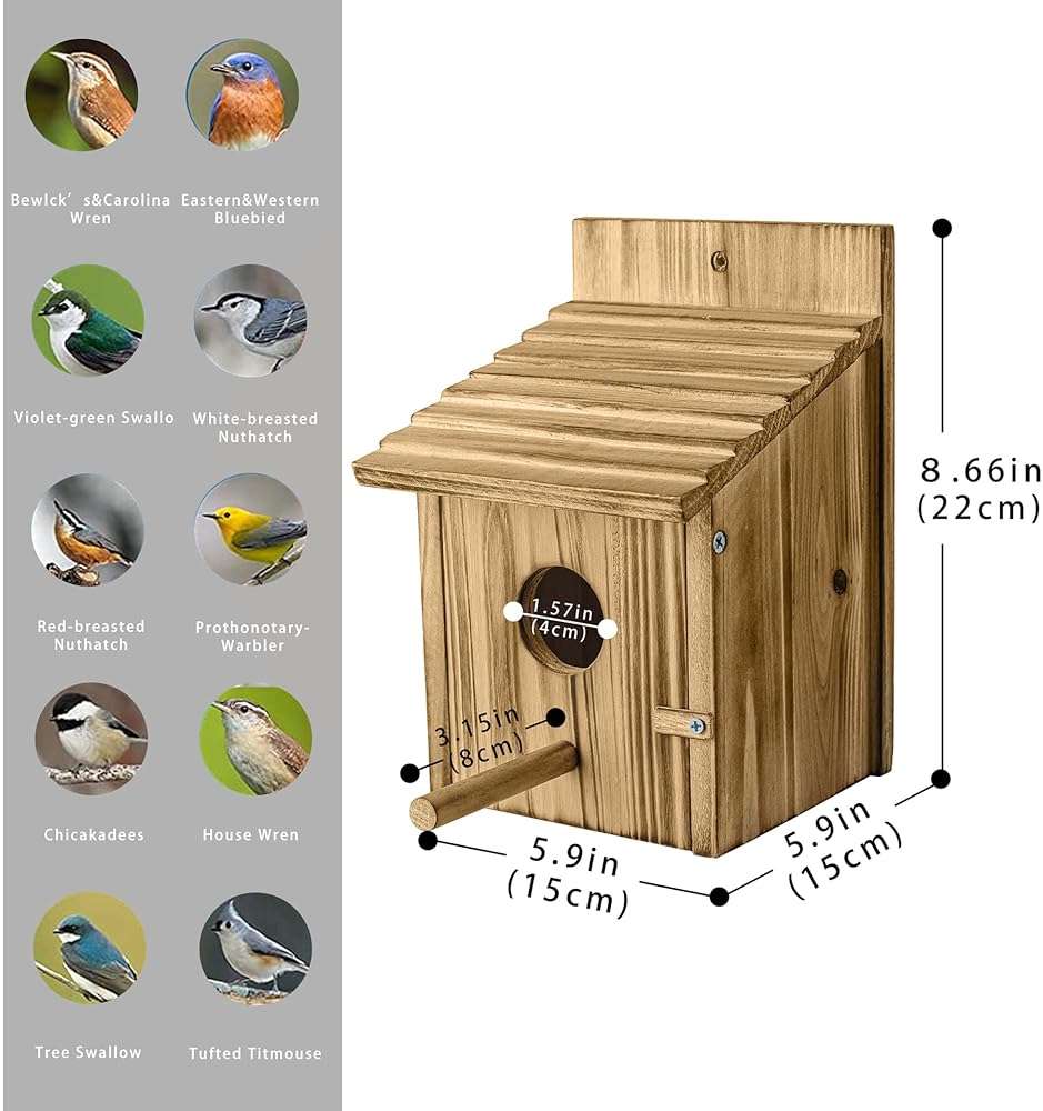 NATUREYLWL Wooden Bird House for Outside, Hanging Natural Wood Birdhouse with Perch, 1.57" Entrance & Side Clean-Out Door for Bluebirds, Wrens and Finches, Garden Decor - Image 5