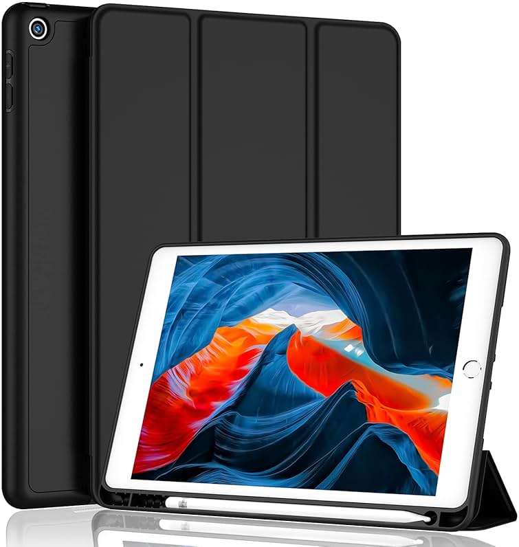 iMieet iPad 9th Generation Case 2021/iPad 8th Generation Case 2020 10.2 Inch with Pencil Holder, iPad 7th Gen 2019 Case with Soft Baby Skin Silicone Back, Auto Wake/Sleep Cover (Black) - Image 1