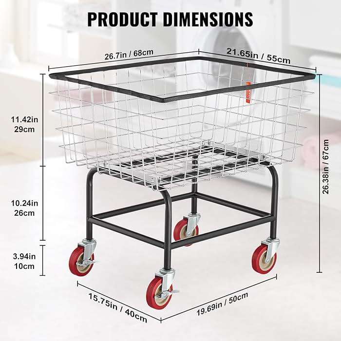 VEVOR Wire Laundry Cart, 2.8Bushel Wire Laundry Basket with Wheels, 26.7''x21.7''x26.4'' Commercial Basket Cart, Steel Frame with Chrome Finish, 4" Casters - Image 2