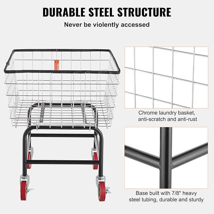 VEVOR Wire Laundry Cart, 2.8Bushel Wire Laundry Basket with Wheels, 26.7''x21.7''x26.4'' Commercial Basket Cart, Steel Frame with Chrome Finish, 4" Casters - Image 4