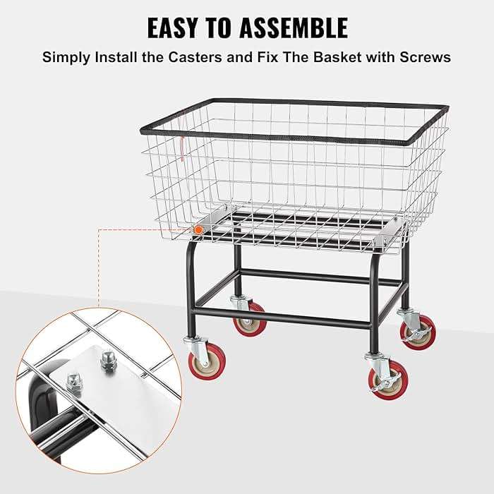 VEVOR Wire Laundry Cart, 2.8Bushel Wire Laundry Basket with Wheels, 26.7''x21.7''x26.4'' Commercial Basket Cart, Steel Frame with Chrome Finish, 4" Casters - Image 6