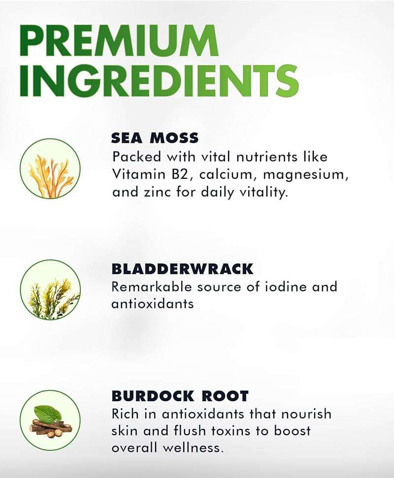 Sea Moss Gummies - Irish sea Moss raw Organic, Bladderwrack, Burdock Root. Contains Sea Moss Gel and Powder. Superfoods for Vegan, Keto and Dr Sebi Diet. Immune Boosting (1, Original) - Image 4