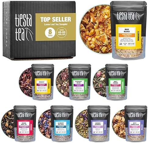 Tiesta Tea - Top 8 Favorites Sampler Set, Loose Leaf, Up to 80 Cups, High to No Caffeine, Hot & Iced, Tea Variety Pack with Green, Herbal, & Black, 8 Sample Pouches - Product Image