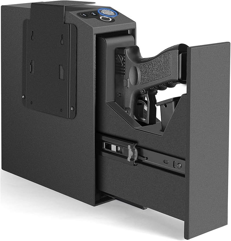 Biometric Slider Handgun Gun Safe for Nightstand, Desk, Bed Side,Truck - Auto Sliding Door Hand Gun Safe for Pistol -with Fingerprint, PIN Code, KEY Access - Product Image