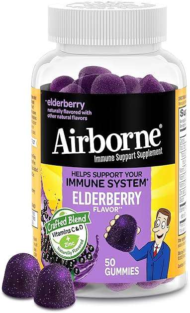 Airborne Elderberry + Zinc & Vitamin C Gummies For Adults, Immune Support Vitamin D & Zinc Gummies With Powerful Antioxidant Vitamins C D & E - 50 Gummies, Elderberry Flavor - Image 1