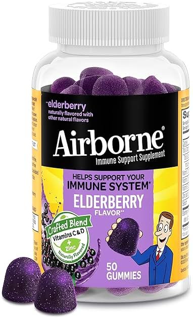 Airborne Elderberry + Zinc & Vitamin C Gummies For Adults, Immune Support Vitamin D & Zinc Gummies With Powerful Antioxidant Vitamins C D & E - 50 Gummies, Elderberry Flavor - Product Image