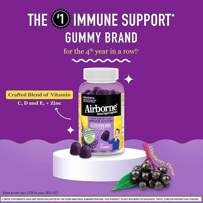 Airborne Elderberry + Zinc & Vitamin C Gummies For Adults, Immune Support Vitamin D & Zinc Gummies With Powerful Antioxidant Vitamins C D & E - 50 Gummies, Elderberry Flavor - Image 2