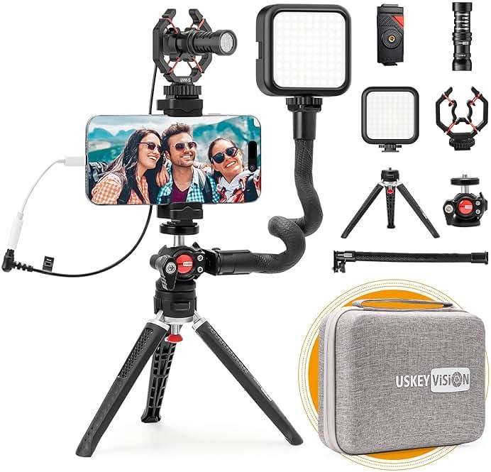 USKEYVISION Smartphone Video Vlogging Kit Metal Microphone Light Tiktok YouTube Podcast Equipment for iPhone 15/14/13 Mini/Pro/Max, Android Smartphone (V-Master) - Image 1