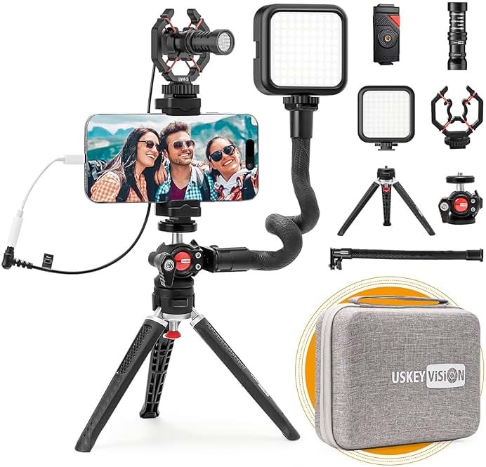 USKEYVISION Smartphone Video Vlogging Kit Metal Microphone Light Tiktok YouTube Podcast Equipment for iPhone 15/14/13 Mini/Pro/Max, Android Smartphone (V-Master) - Product Image