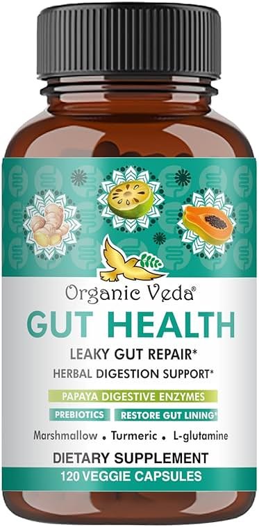 Organic Veda Marshmallow Turmeric MasTur Gut Health Supplement - Total Gut & Digestion Complex, Leaky Gut Repair, Bloating Relief for Women & Men - Papaya Digestive Enzymes, L-Glutamine, 120 Capsule - Product Image