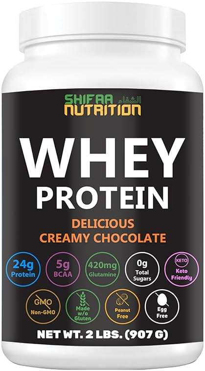 SHIFAA NUTRITION 2 Lbs Halal Whey Protein Powder Creamy Chocolate. 24g Protein, 5g BCAAs & 420mg Glutamine. for Building Lean Muscles & Recovery. Keto-Friendly, Gluten-Free, Non-GMO - Image 1