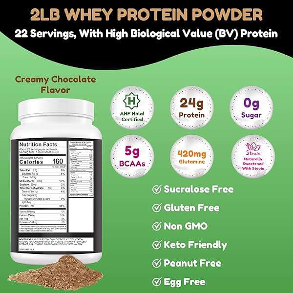 SHIFAA NUTRITION 2 Lbs Halal Whey Protein Powder Creamy Chocolate. 24g Protein, 5g BCAAs & 420mg Glutamine. for Building Lean Muscles & Recovery. Keto-Friendly, Gluten-Free, Non-GMO - Image 2