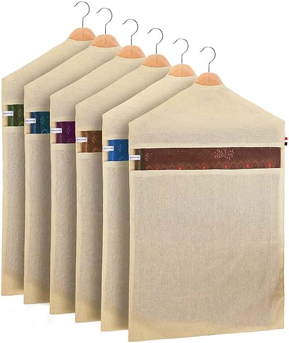SOLSTICE Hanging Cotton Saree Covers, Bags for Clothes Storage, Wardrobe Organizer (Hangers are NOT Included) (28 x 18 Inches, off white) - Product Image