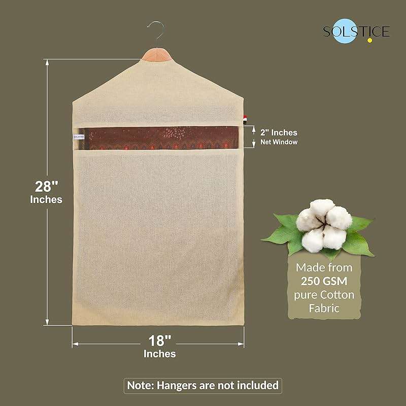 SOLSTICE Hanging Cotton Saree Covers, Bags for Clothes Storage, Wardrobe Organizer (Hangers are NOT Included) (28 x 18 Inches, off white) - Image 2