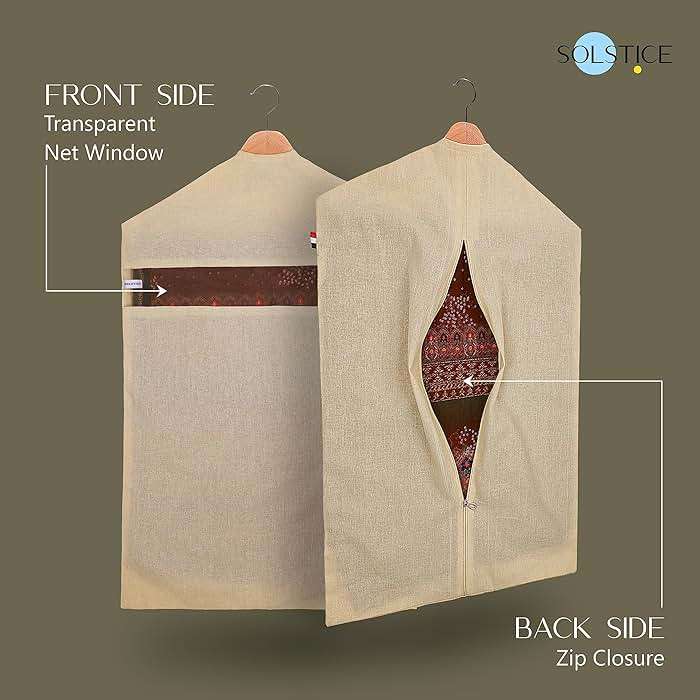 SOLSTICE Hanging Cotton Saree Covers, Bags for Clothes Storage, Wardrobe Organizer (Hangers are NOT Included) (28 x 18 Inches, off white) - Image 3
