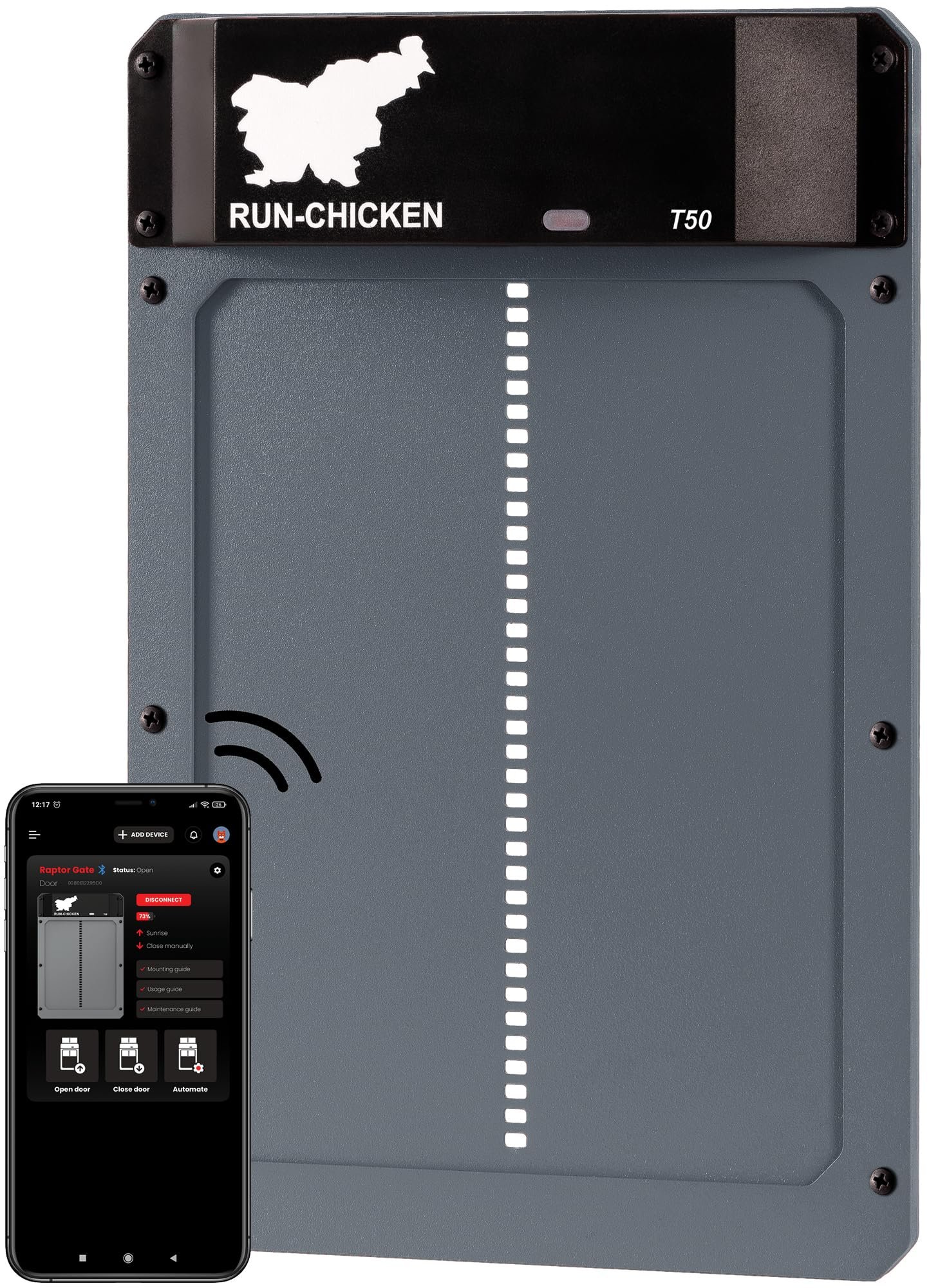 RUN-CHICKEN Door T50 – Automatic Chicken Coop Door Opener, Battery Powered & Weatherproof Aluminum, Smart App & Timer Control, Predator Proof, Easy Install, Reliable All-Season Performance (Gray) - Product Image