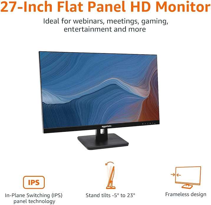 Amazon Basics 27 in IPS Monitor, Full HD 1080P, 75 Hz, Adjustable Stand, HDMI, Display Port, VGA Input, Built-in Speakers, VESA Compatible, Black - Image 2