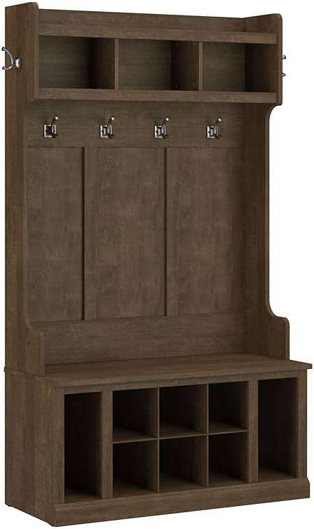 Bush Furniture Woodland 40W Hall Tree and Shoe Storage Bench with Shelves in Ash Brown, Cubbies and Coat Hooks for Foyer, Mudroom, or Entryway - Image 1