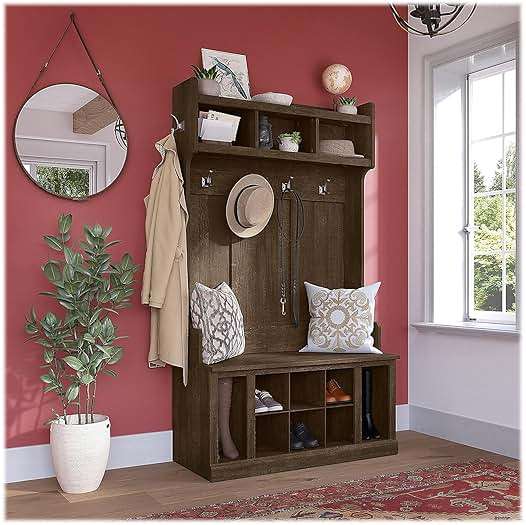 Bush Furniture Woodland 40W Hall Tree and Shoe Storage Bench with Shelves in Ash Brown, Cubbies and Coat Hooks for Foyer, Mudroom, or Entryway - Image 2