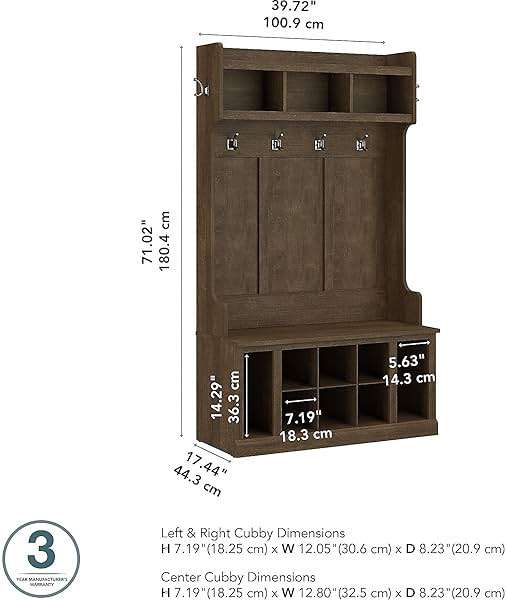 Bush Furniture Woodland 40W Hall Tree and Shoe Storage Bench with Shelves in Ash Brown, Cubbies and Coat Hooks for Foyer, Mudroom, or Entryway - Image 3