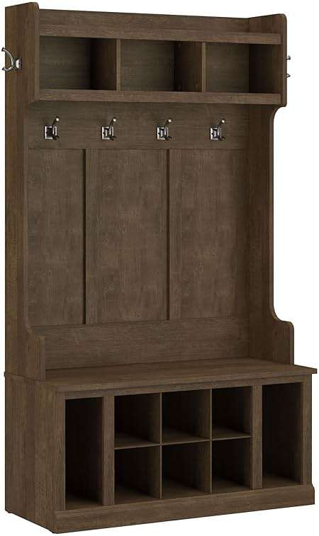 Bush Furniture Woodland 40W Hall Tree and Shoe Storage Bench with Shelves in Ash Brown, Cubbies and Coat Hooks for Foyer, Mudroom, or Entryway - Image 4
