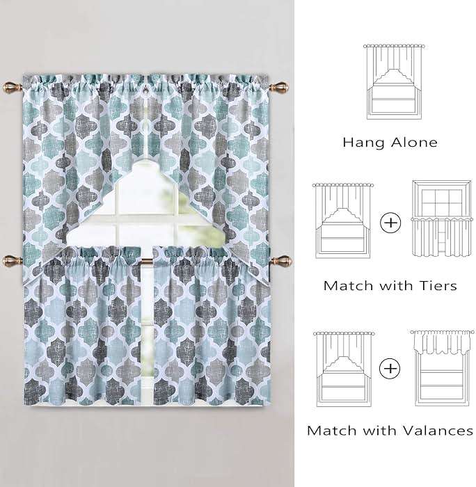 CAROMIO Swag Curtain Valances, Geometric Quatrefoil Trellis Printed Cotton Blend Tailored Swag Curtains for Kitchen Bathroom Window, Aqua/Mint/Grey, 56" W x 36" L - Image 5