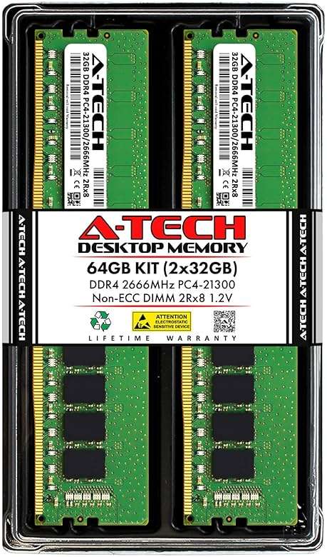 A-Tech 64GB (2x32GB) DDR4 2666 MHz UDIMM PC4-21300 (PC4-2666V) CL19 DIMM 2Rx8 Non-ECC Desktop RAM Memory Modules - Image 1