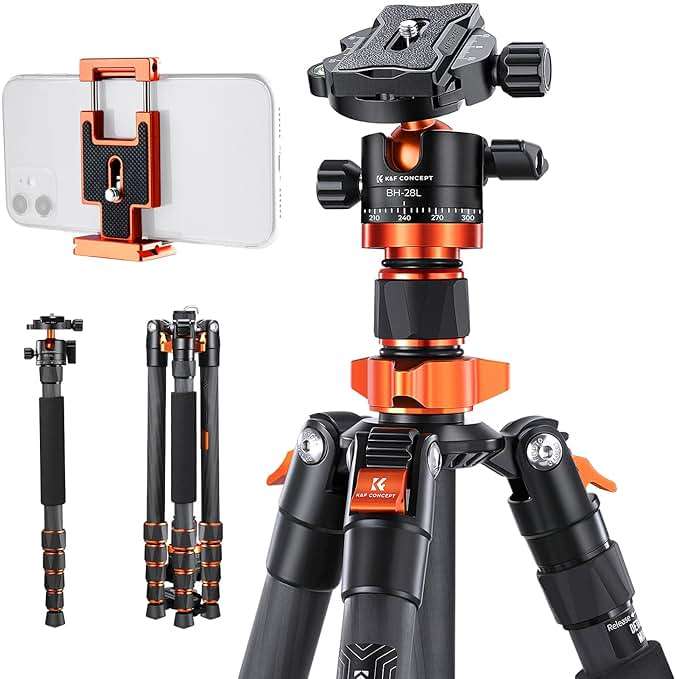 K&F CONCEPT 68" Carbon Fiber Camera Tripod,Compact Tripods with Metal Ball Head,Quick Release Plate,Detachable Monopod 22lbs Load for DSLR with Phone Mount,D255C4+BH-28L - Image 1