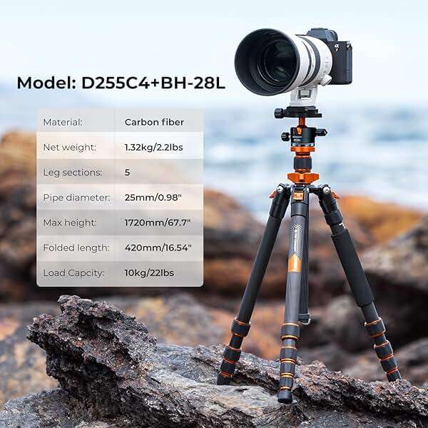 K&F CONCEPT 68" Carbon Fiber Camera Tripod,Compact Tripods with Metal Ball Head,Quick Release Plate,Detachable Monopod 22lbs Load for DSLR with Phone Mount,D255C4+BH-28L - Image 2