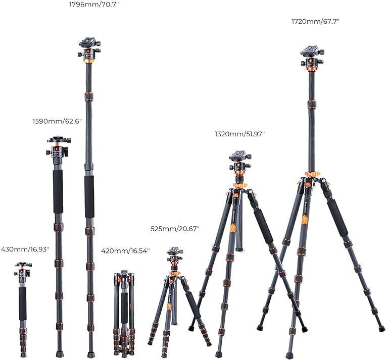 K&F CONCEPT 68" Carbon Fiber Camera Tripod,Compact Tripods with Metal Ball Head,Quick Release Plate,Detachable Monopod 22lbs Load for DSLR with Phone Mount,D255C4+BH-28L - Image 7