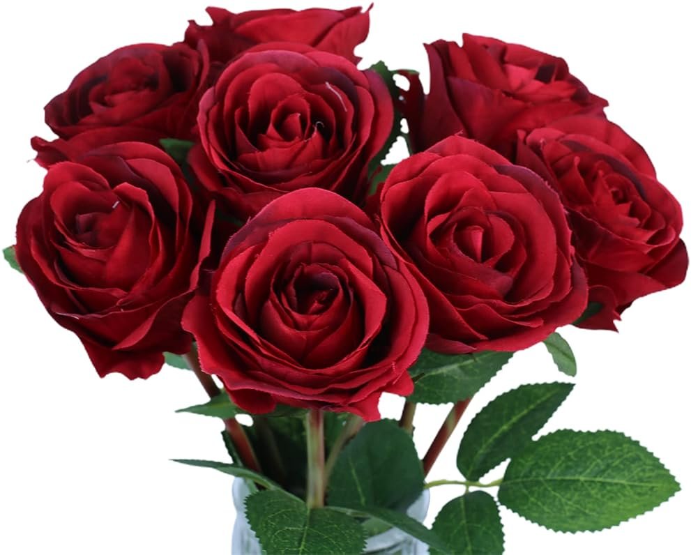 Tinsow Artificial Roses Flowers with 8 Heads for Flower Arrangement, Silk Latex Rose Bouquet for Home Decoration, Faux Roses for Valentine's Day Parties and Wedding Decoration (Red, 8) - Product Image