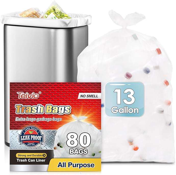 13 Gallon 80 Count Tall Kitchen Trash Bags 10 Gal 12 Gal 13 Gal fit 50 Liters Garbage Bags by Teivio, Waste Basket Bags,Bathroom Trash Can Bin Liners, Plastic Bags for home office kitchen, Clear - Image 1
