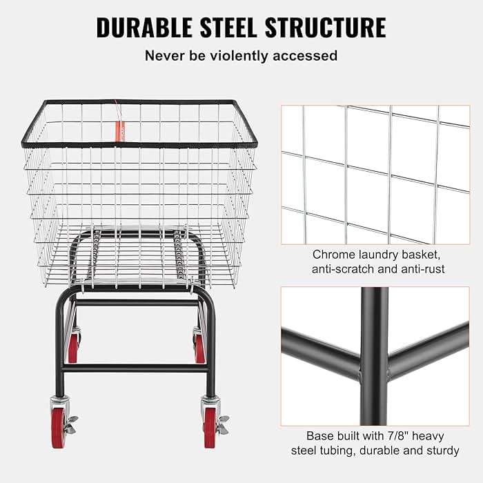 VEVOR Wire Laundry Cart, 3.8Bushel Wire Laundry Basket with Wheels, 32.5''x21.3''x29.9'', Commercial Laundry Basket, Steel Frame with Chrome Finish, 4'' Casters, Wire Cart for Laundry - Image 5