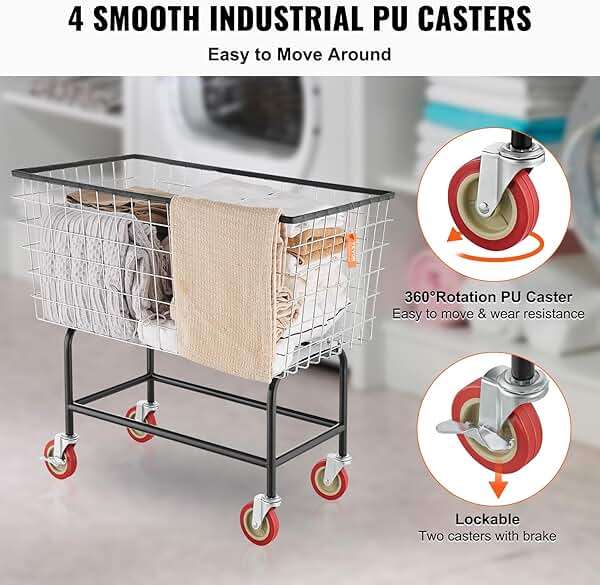 VEVOR Wire Laundry Cart, 3.8Bushel Wire Laundry Basket with Wheels, 32.5''x21.3''x29.9'', Commercial Laundry Basket, Steel Frame with Chrome Finish, 4'' Casters, Wire Cart for Laundry - Image 6