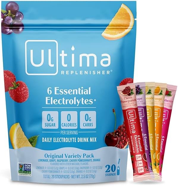 Ultima Replenisher Daily Electrolyte Powder Drink Mix – Sugar Free – Original Variety, 20 Stickpacks – Hydration Packets with 6 Electrolytes and Minerals – Keto Friendly, Vegan, Non-GMO - Product Image