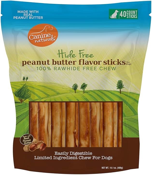 Canine Naturals Peanut Butter Chew - Rawhide Free and Dog Treats - Made from Real Peanut Butter - All-Natural and Easily Digestible - 40 Pack of 5 Inch Stick Chews - Product Image