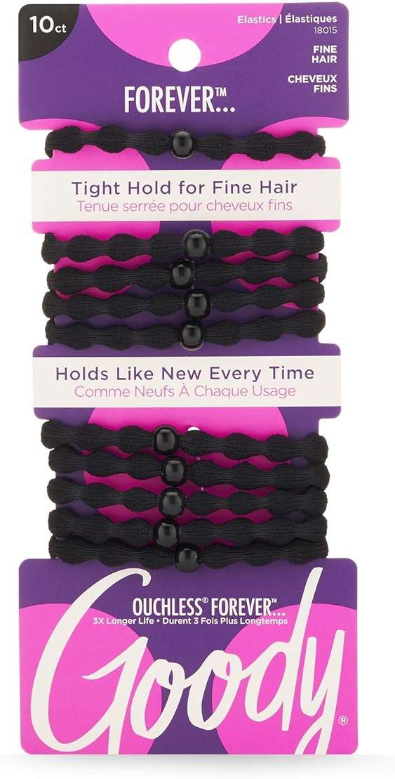 Goody Ouchless Forever Fine Hair Elastics - 10 Ct, Black, Damage-Free Bands, 3X Stronger Hair Ties, Retainable Shape, 16 Strand Inner Core, Hair Accessories for Women & Men - Image 1