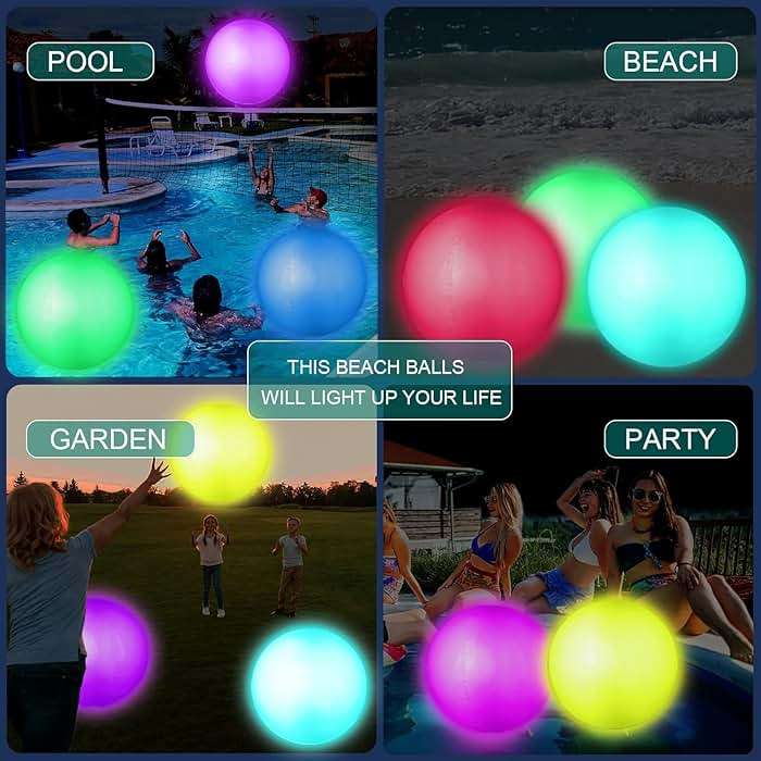 Icnice LED Beach Balls Glow in Dark Party Supplies, 2pcs Inflatable Light up Ballon 16'' Floating Pool Light with Remote 16 Color 4 Mode Beach Game Pool Toy Kickball for Neon Party Decoration-4 Lights - Image 3