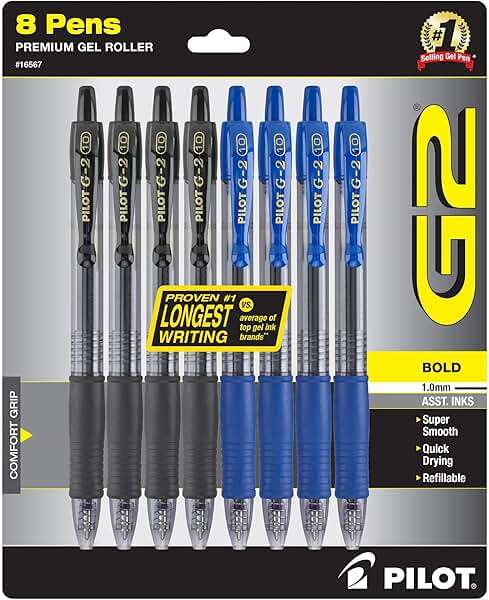 Pilot G2 Premium Gel Roller Pens, Bold Point, Gel Ink Pens, 1 mm, Pack of 8, Black, Blue - Ideal for School, Journaling & Office Writing - Image 1