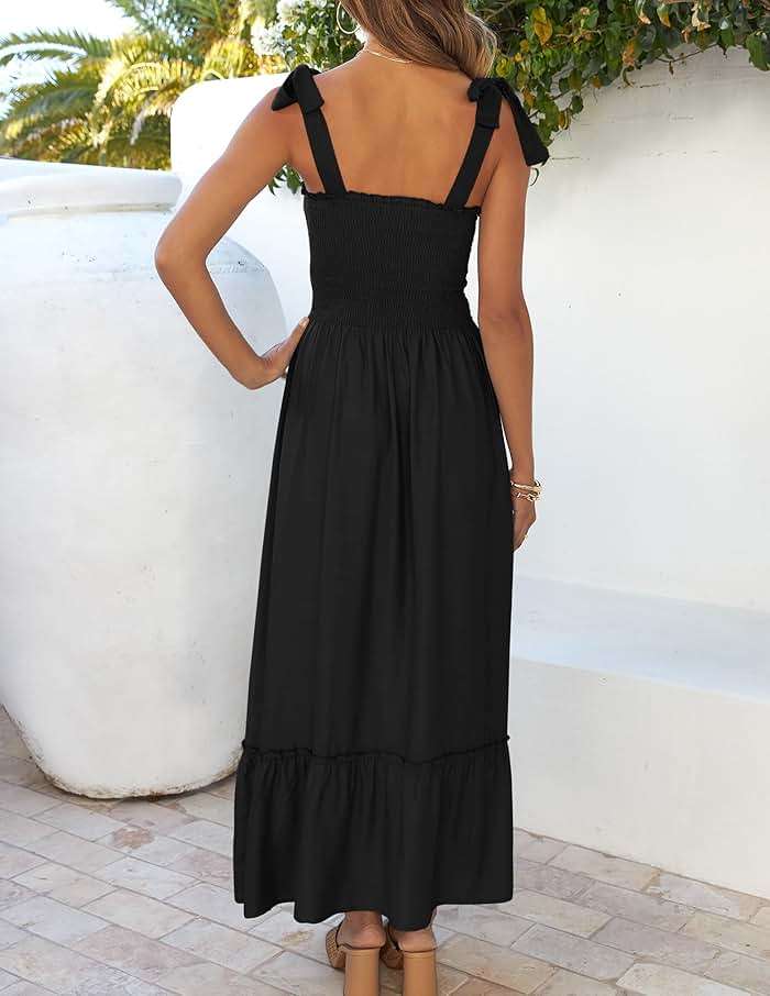 ZESICA Women's 2026 Summer Boho Spaghetti Strap Square Neck Solid Color Ruffle A Line Beach Long Maxi Dress - Image 3