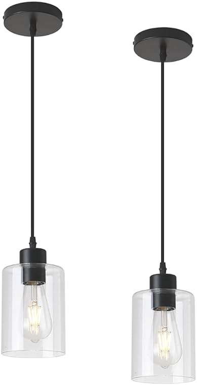 KLSS Modern Black Farmhouse Clear Glass Cylinder Pendant Light Fixture,Island Lights for Kitchen,Mini Pendant Lighting for Kitchen Island Decor - 4.75 Inch Shade 58 Inch Cord (Black 2 Pack) - Image 1