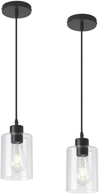 KLSS Modern Black Farmhouse Clear Glass Cylinder Pendant Light Fixture,Island Lights for Kitchen,Mini Pendant Lighting for Kitchen Island Decor - 4.75 Inch Shade 58 Inch Cord (Black 2 Pack) - Product Image