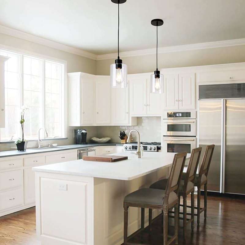 KLSS Modern Black Farmhouse Clear Glass Cylinder Pendant Light Fixture,Island Lights for Kitchen,Mini Pendant Lighting for Kitchen Island Decor - 4.75 Inch Shade 58 Inch Cord (Black 2 Pack) - Image 2