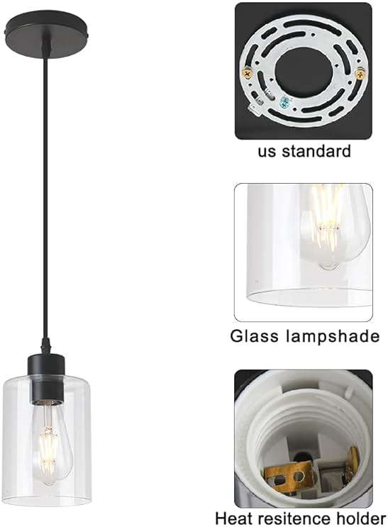 KLSS Modern Black Farmhouse Clear Glass Cylinder Pendant Light Fixture,Island Lights for Kitchen,Mini Pendant Lighting for Kitchen Island Decor - 4.75 Inch Shade 58 Inch Cord (Black 2 Pack) - Image 5