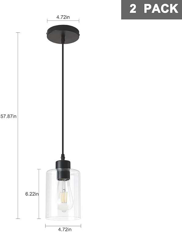 KLSS Modern Black Farmhouse Clear Glass Cylinder Pendant Light Fixture,Island Lights for Kitchen,Mini Pendant Lighting for Kitchen Island Decor - 4.75 Inch Shade 58 Inch Cord (Black 2 Pack) - Image 6